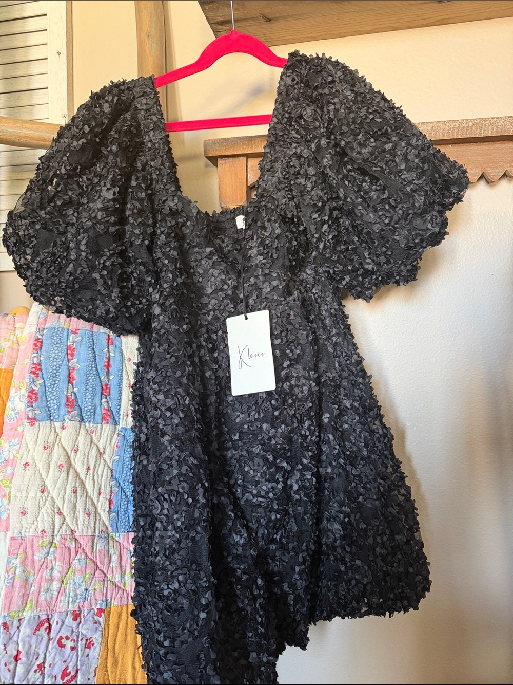 Textured Black Puff Sleeve Mini Dress